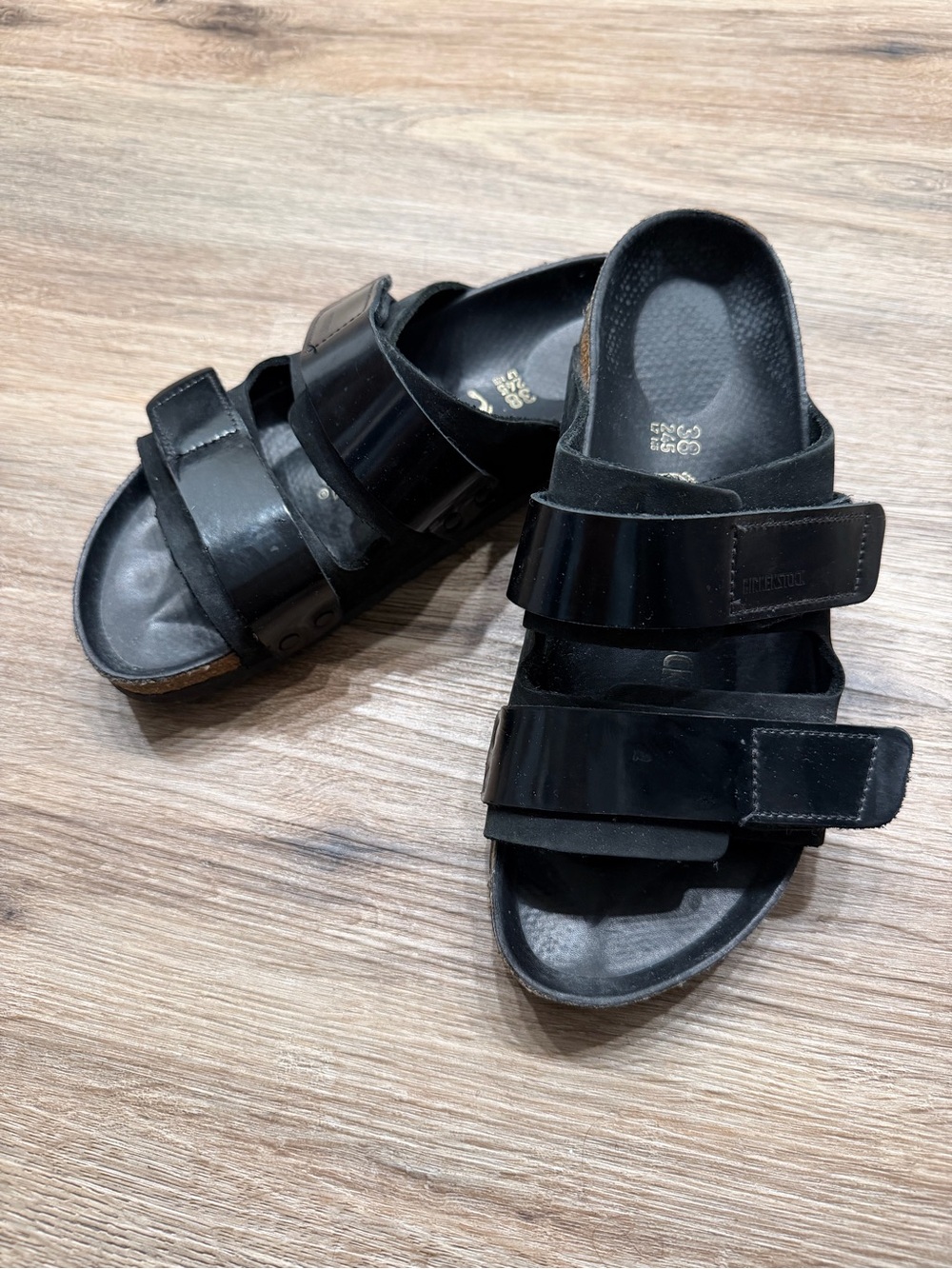 Birkenstock uji nubuck high shine leather Black Double-Strap Slide Sandals